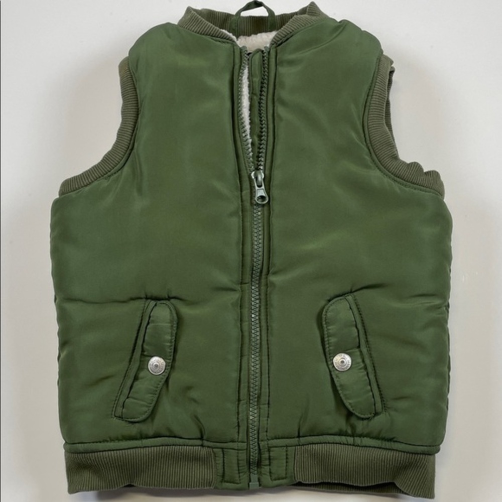 7 For All Mankind Boys Green Sherpa Lined Puffer Vest Zip Front Size 4T